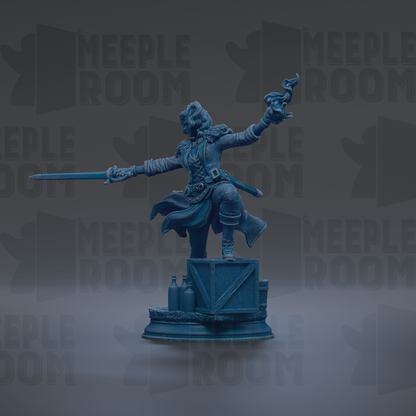 A blue statue of a person holding a sword and shield, standing on a pedestal.