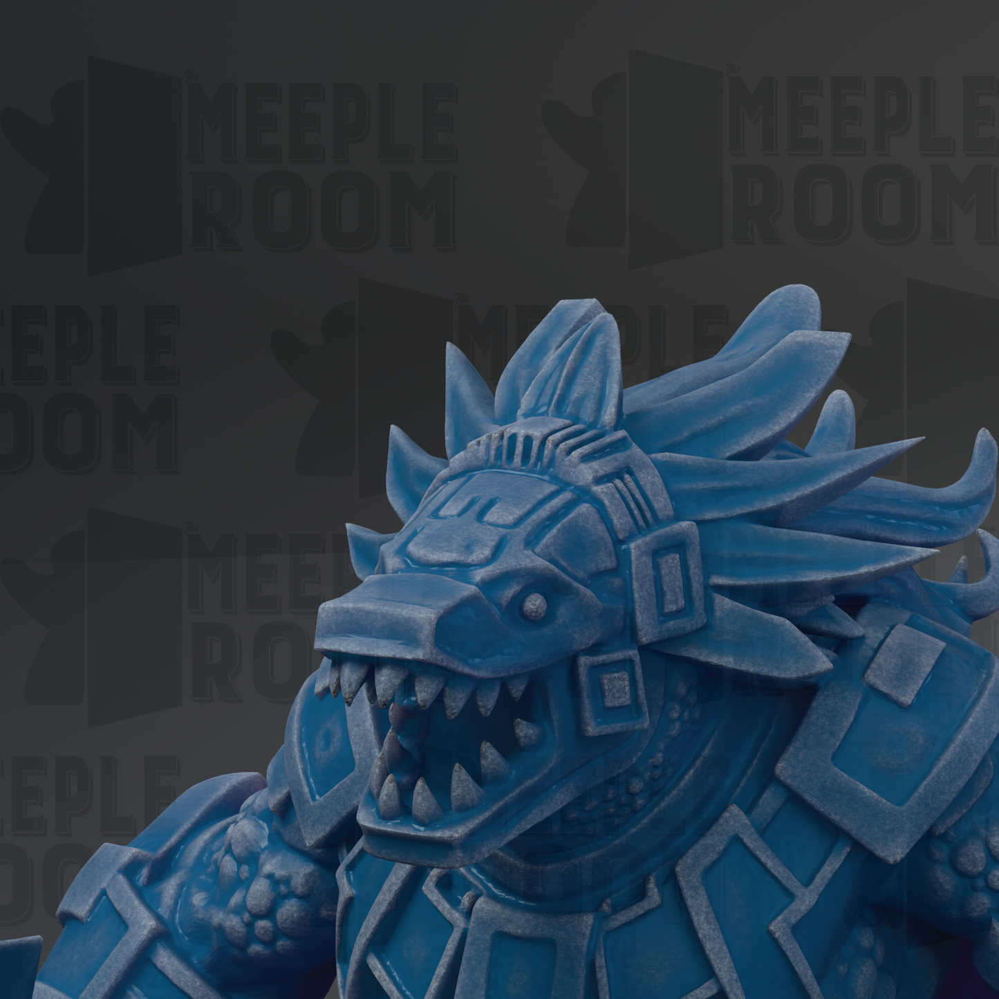 A close-up view of a blue, metallic dragon statue with sharp teeth and an open mouth, set against a dark background with repeated text.