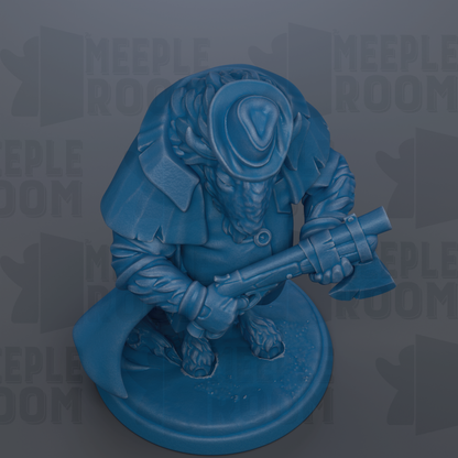 A blue figurine of a character holding a gun and standing on a base.