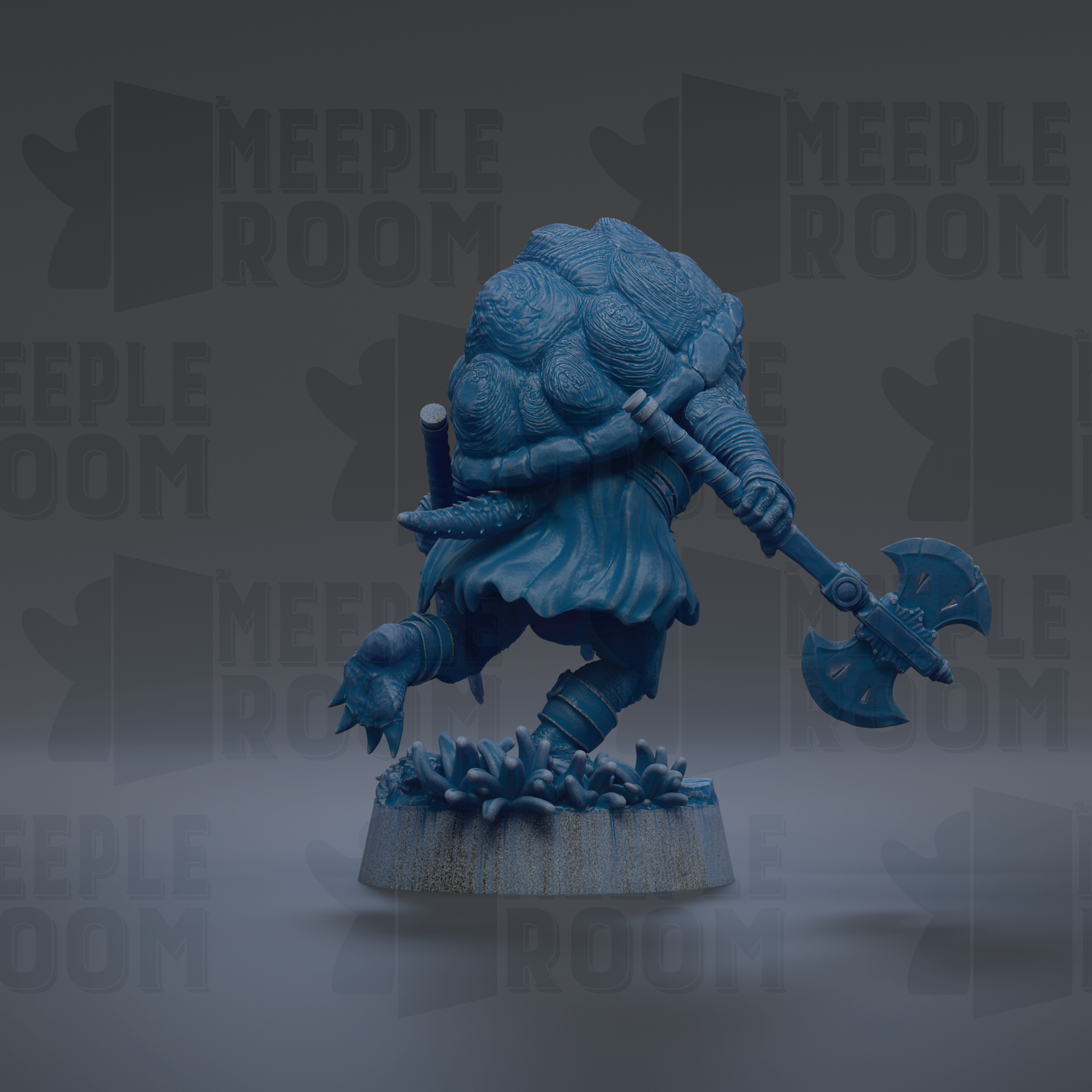 A blue figurine of a warrior wielding a sword and shield, standing on a base with flowers, against a dark background with repeated text.