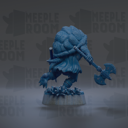 A blue figurine of a warrior wielding a sword and shield, standing on a base with flowers, against a dark background with repeated text.