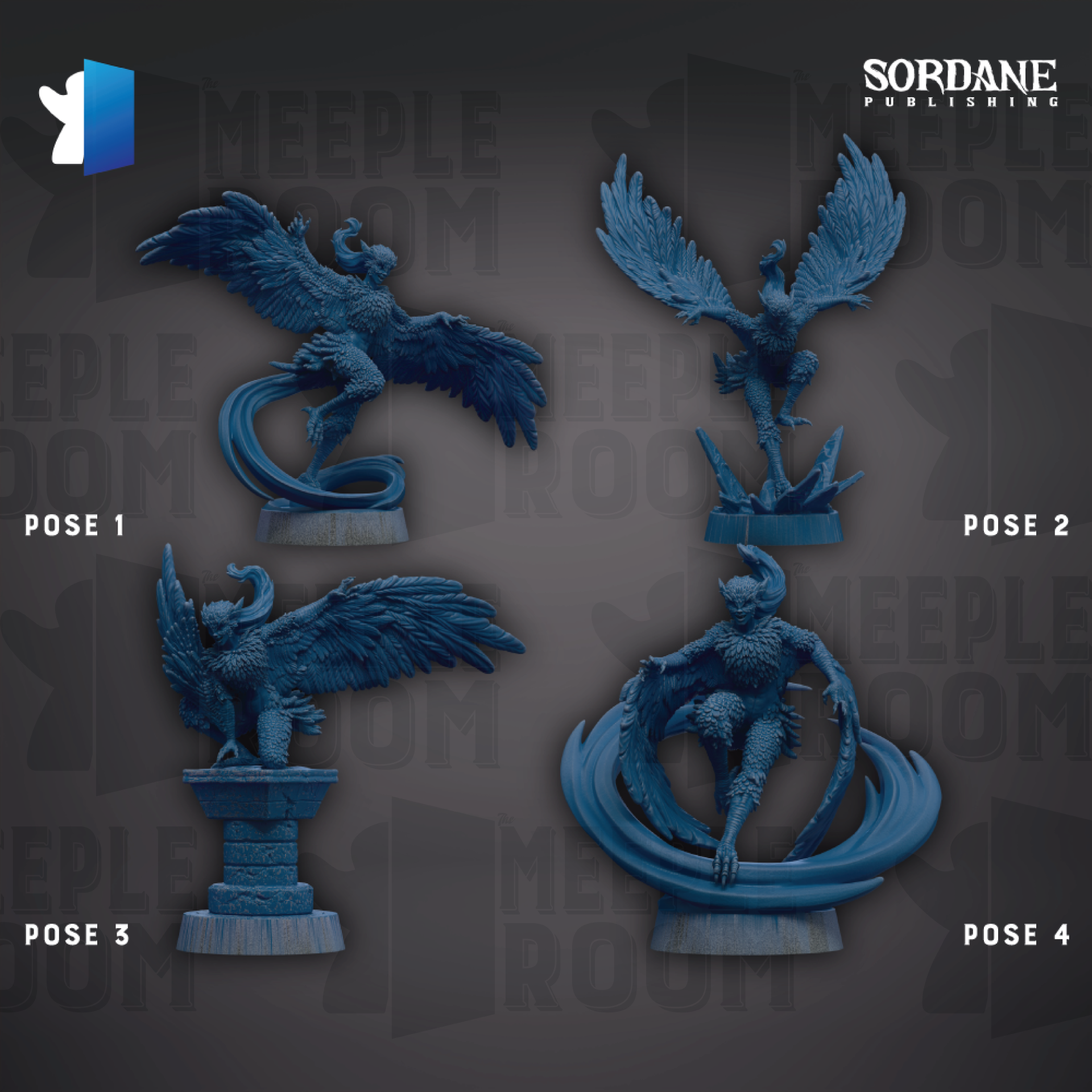 four blue figurines of fantastical creatures, each with unique poses, arranged against a dark background.