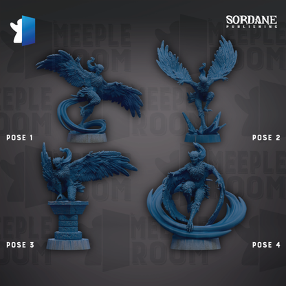 four blue figurines of fantastical creatures, each with unique poses, arranged against a dark background.