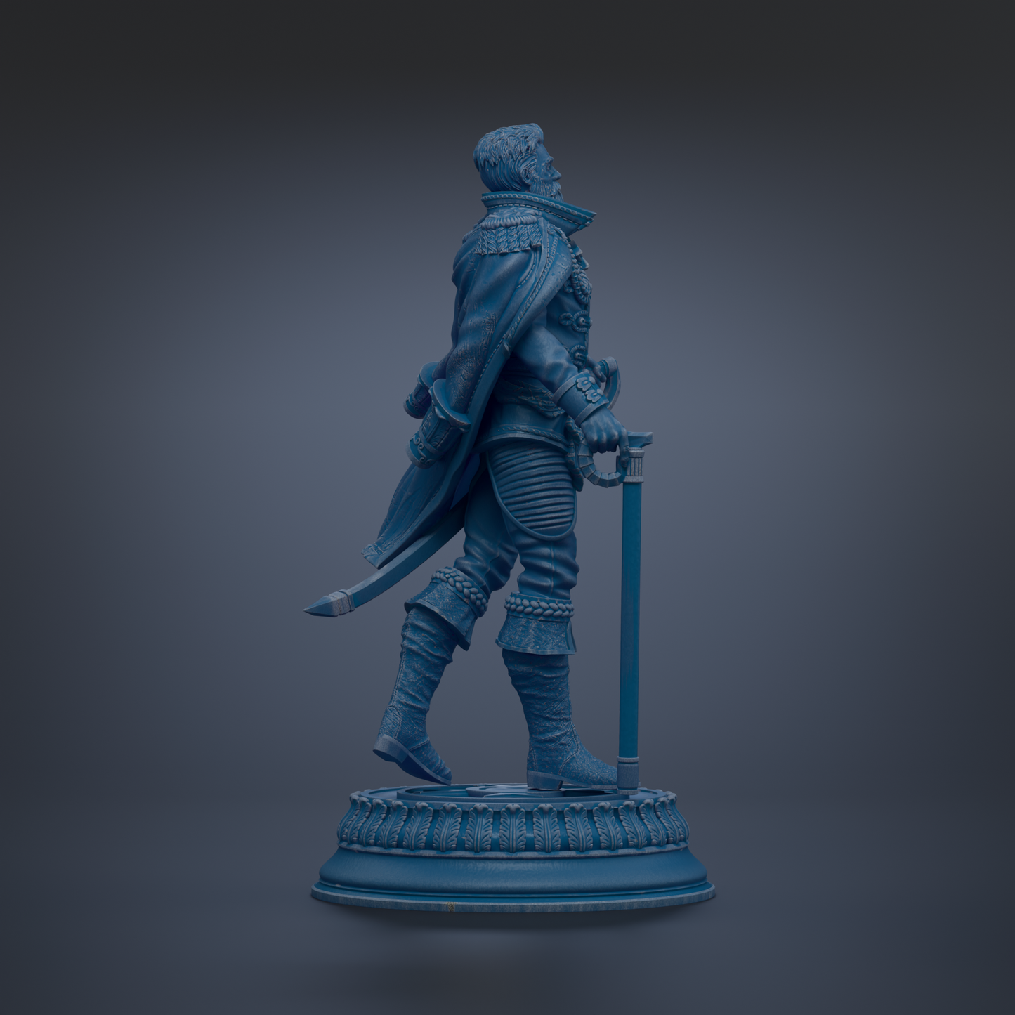 A blue statue of a man in a military uniform, standing on a pedestal and holding a sword.