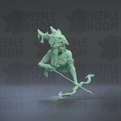 A green, 3D-rendered figure of a warrior wielding a bow and arrow, with a detailed and intricate design.