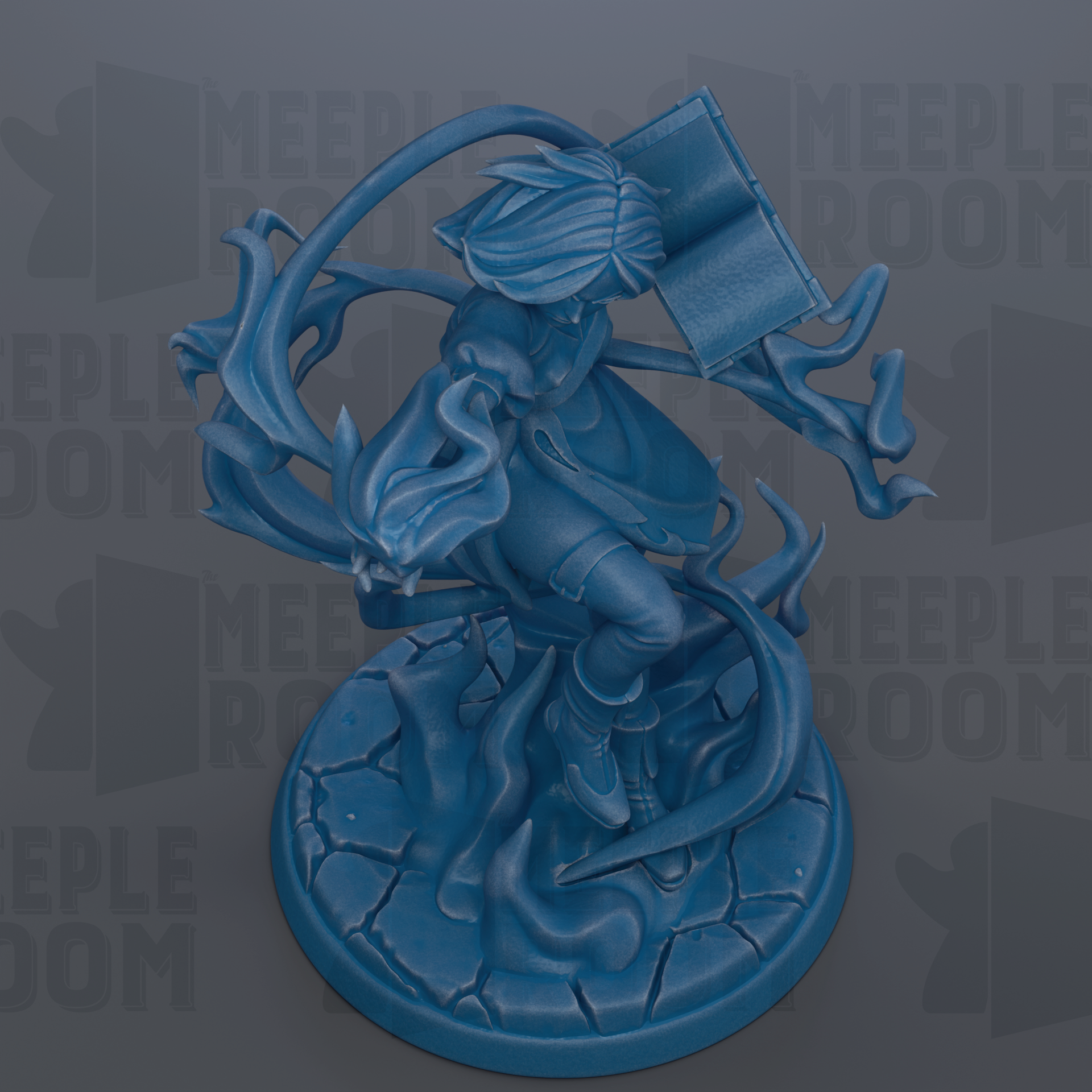 A 3D rendering of a blue, fantastical creature with flowing hair and a flowing cape, standing on a rocky base.