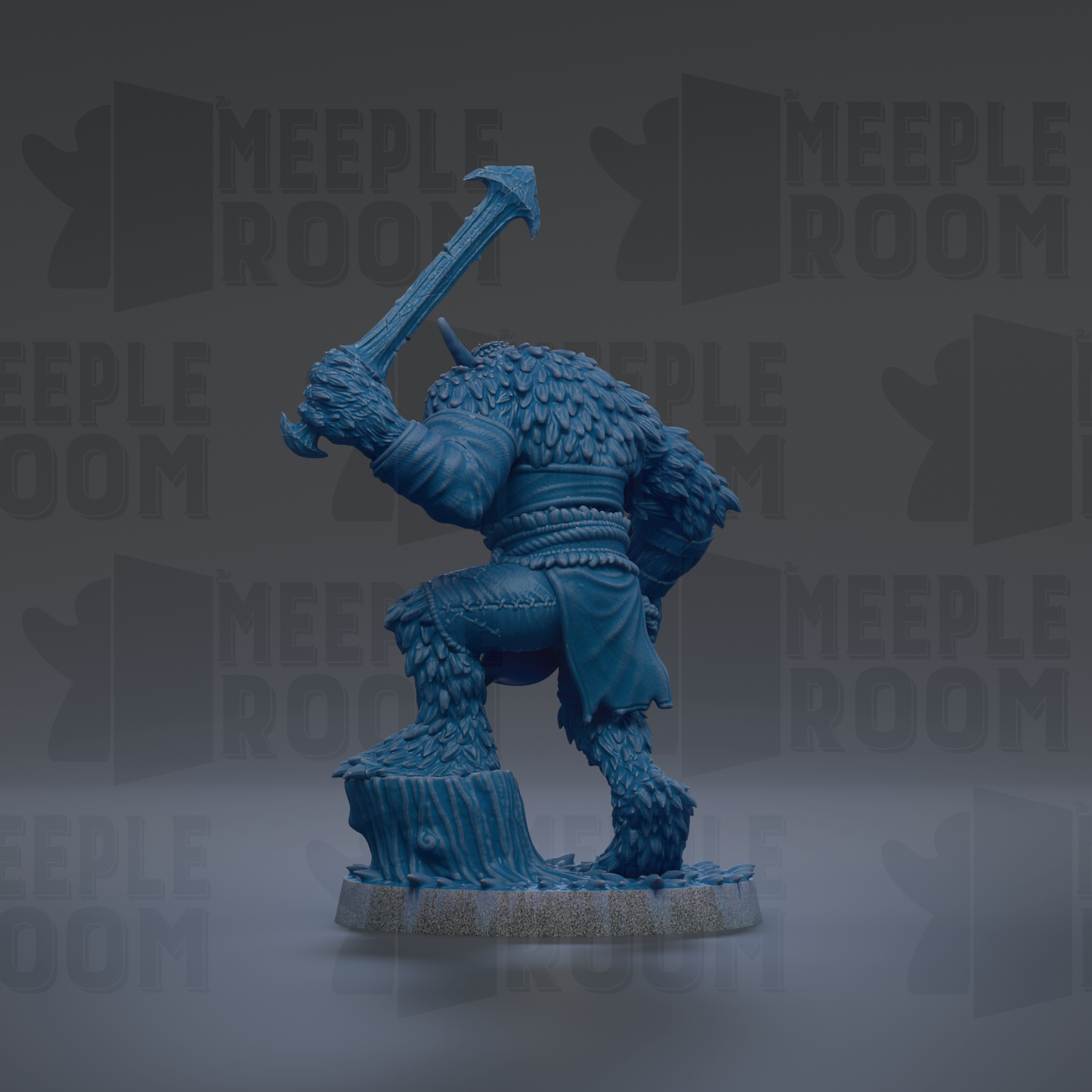 A blue figurine of a fantastical creature, possibly a dragon or monster, is depicted in a dynamic pose, holding a large weapon.