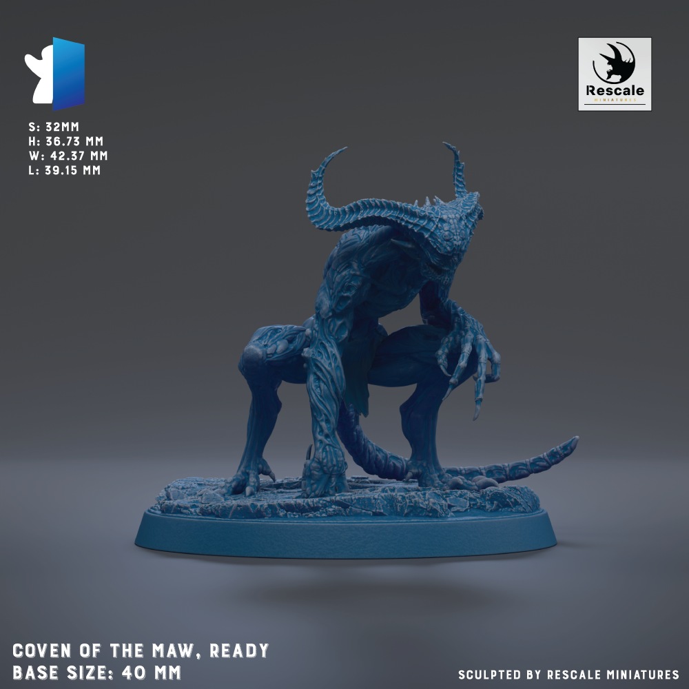 a figurine of a creature with horns and claws, sitting on a base and appearing ready for action.