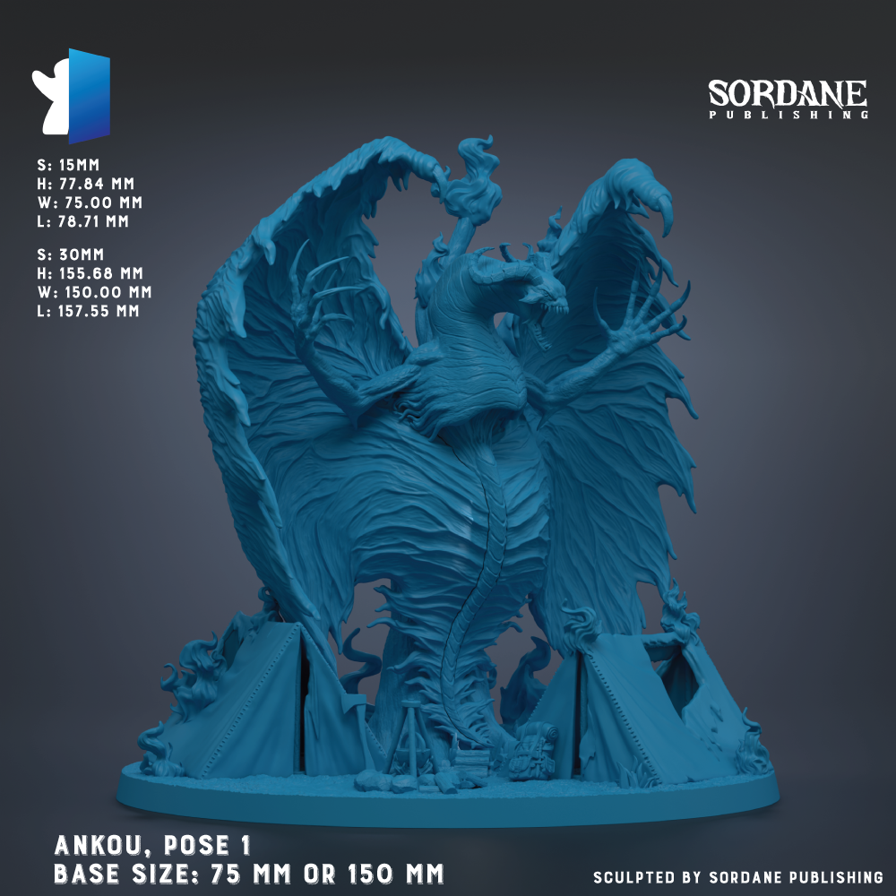 The image is a 3D rendering of a blue dragon statue, with wings spread wide and a fierce expression. The statue is posed on a base that is either 75 mm or 150 mm in size. The image is published by Sordane Publishing.