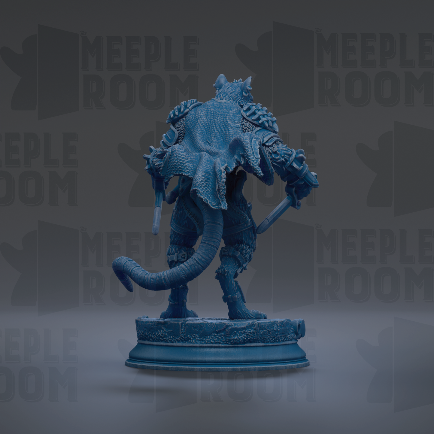 A blue figurine of a creature with a long tail and armored body, standing on a pedestal against a dark background with repeated text.