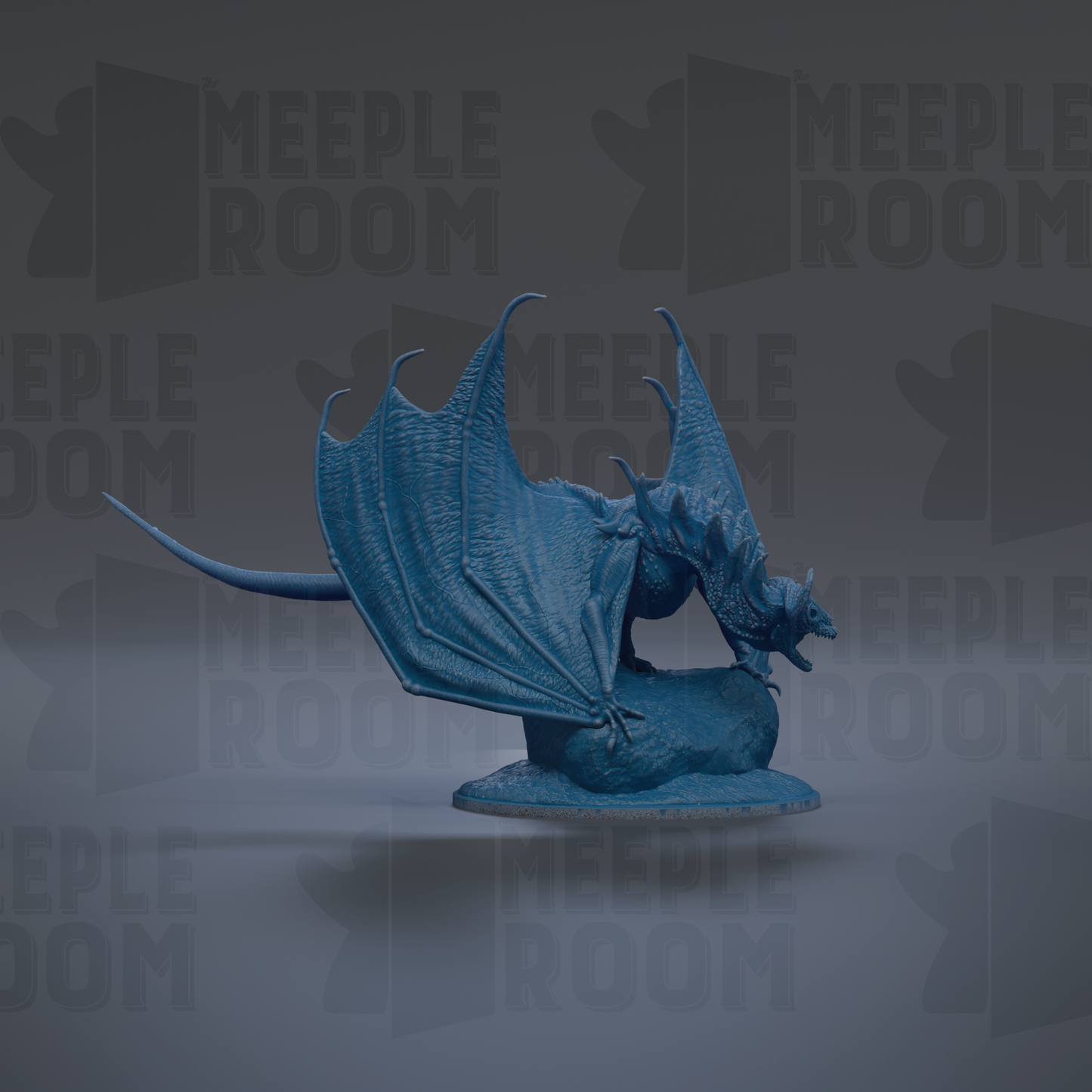 A blue dragon figurine is shown against a dark background with repeated text.