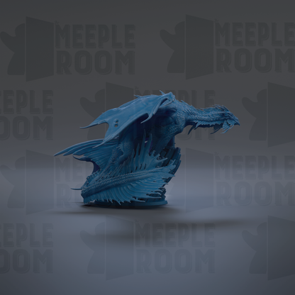 A blue dragon statue is displayed against a dark background with repeated text.