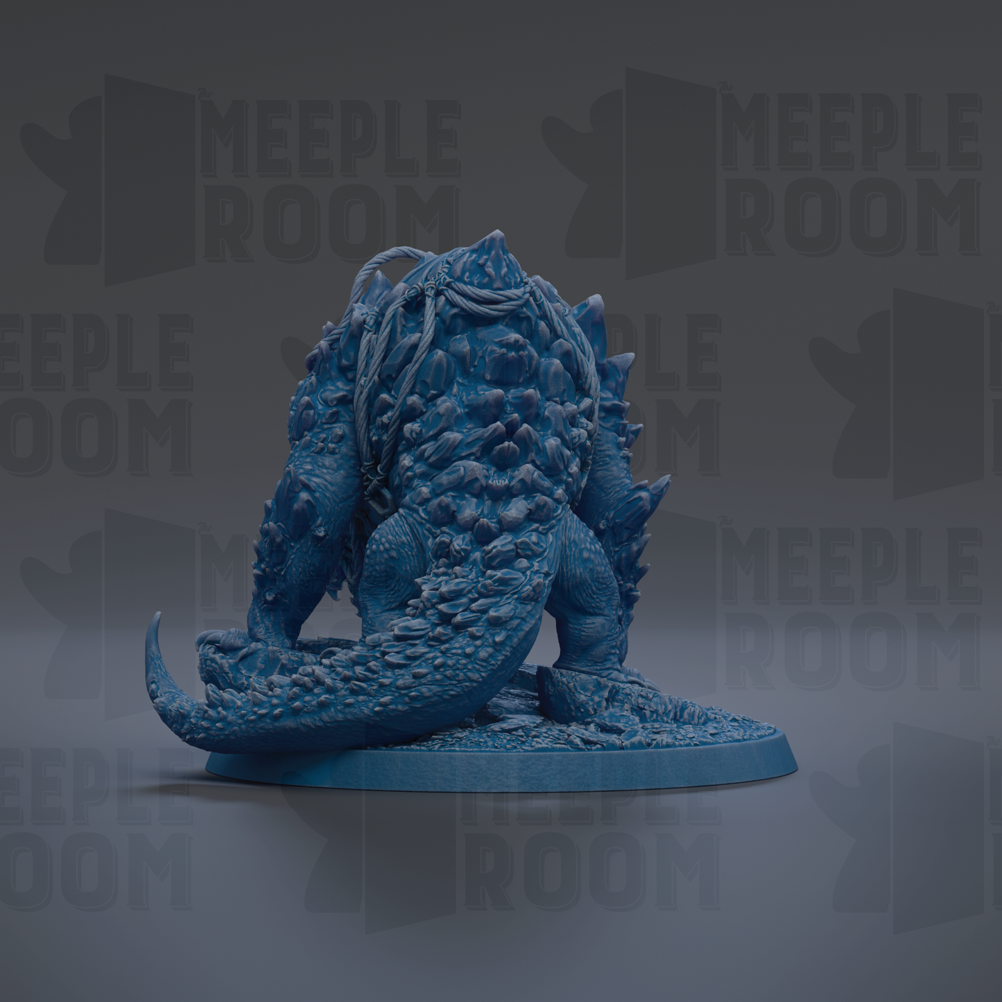 A blue, 3D-rendered figurine of a creature with a long tail and spikes, sitting on a base.