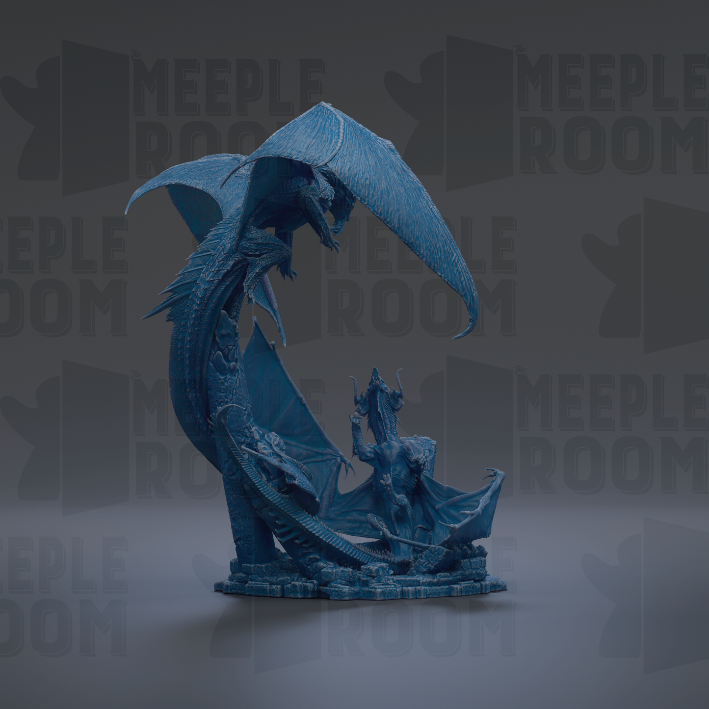 A blue dragon statue with a large wing and a smaller dragon-like creature in front of it, set against a dark background with repeated text.