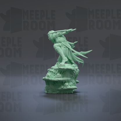 A green statue of a person with a sword and shield stands on a rock against a dark background with repeated text.