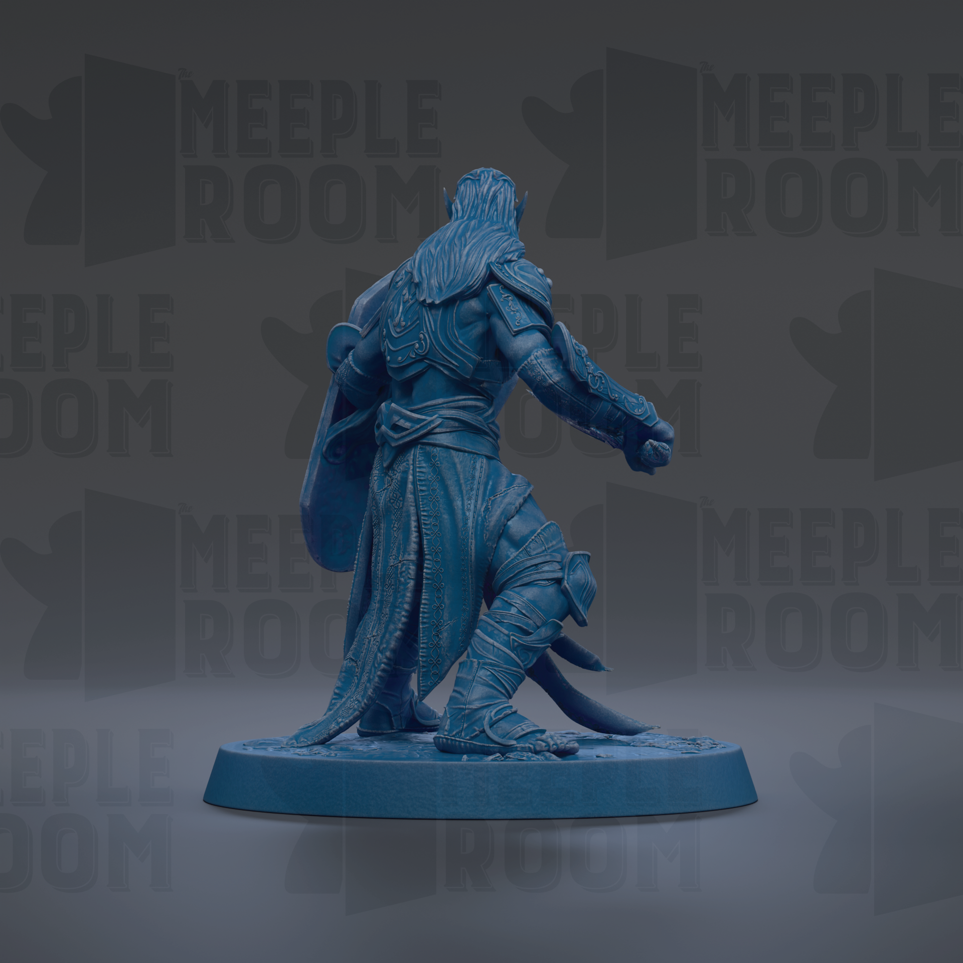 A blue figurine of a warrior standing on a base, with the text "MEUPLE ROOM" repeated in the background.