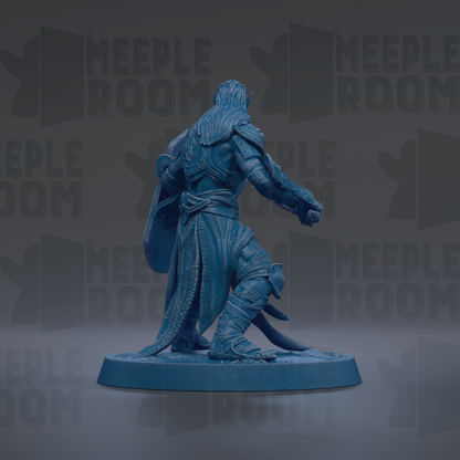 A blue figurine of a warrior standing on a base, with the text "MEUPLE ROOM" repeated in the background.