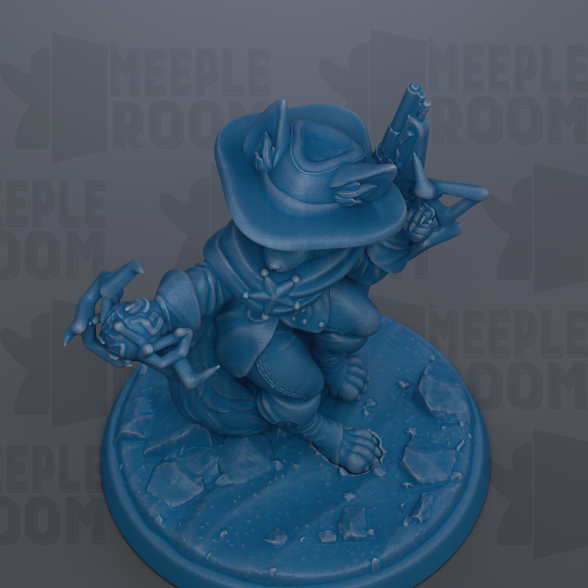 A blue figurine of a character with a cowboy hat and gun, sitting on a rocky surface.