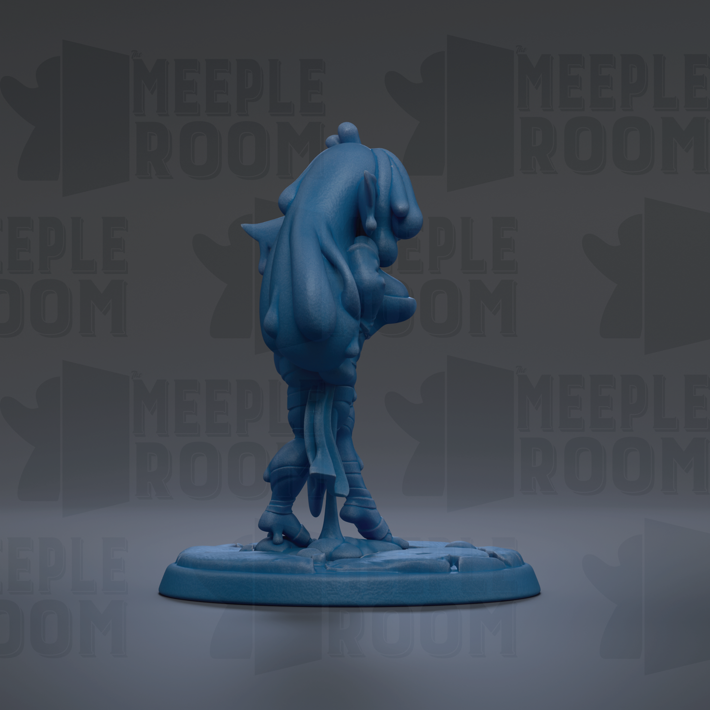 A blue figurine of a creature with a long tail and a large head, standing on a base.