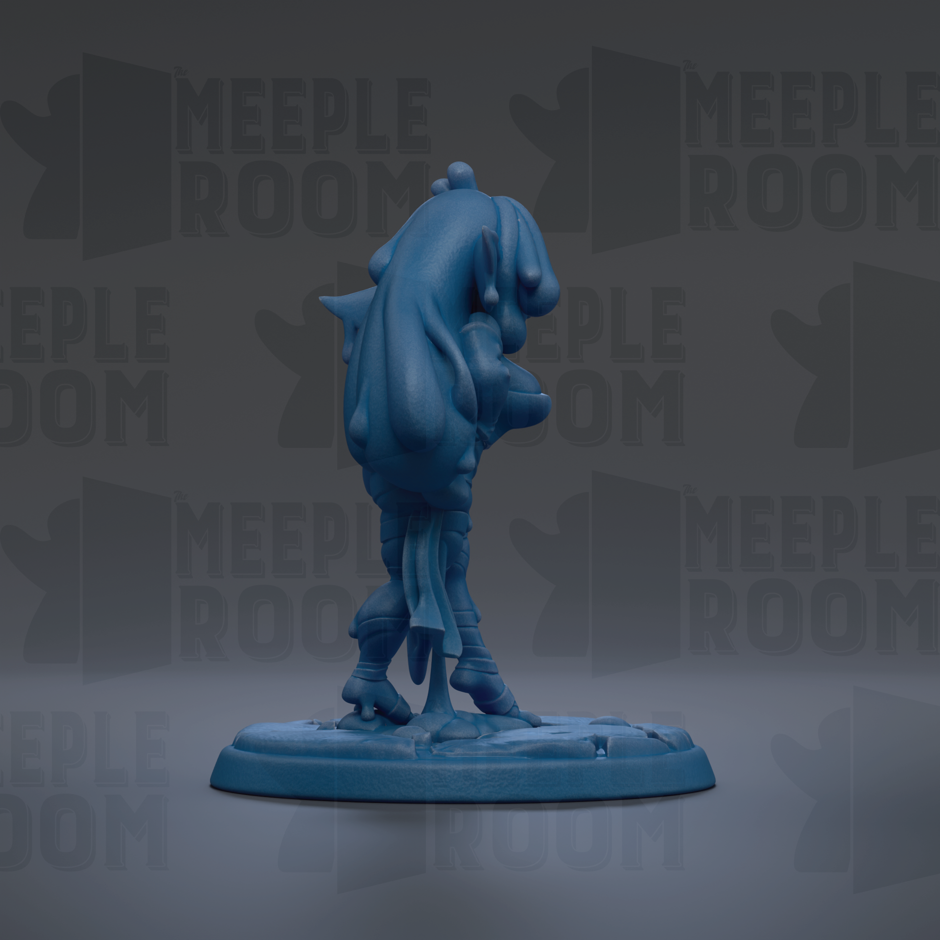 A blue figurine of a creature with a long tail and a large head, standing on a base.