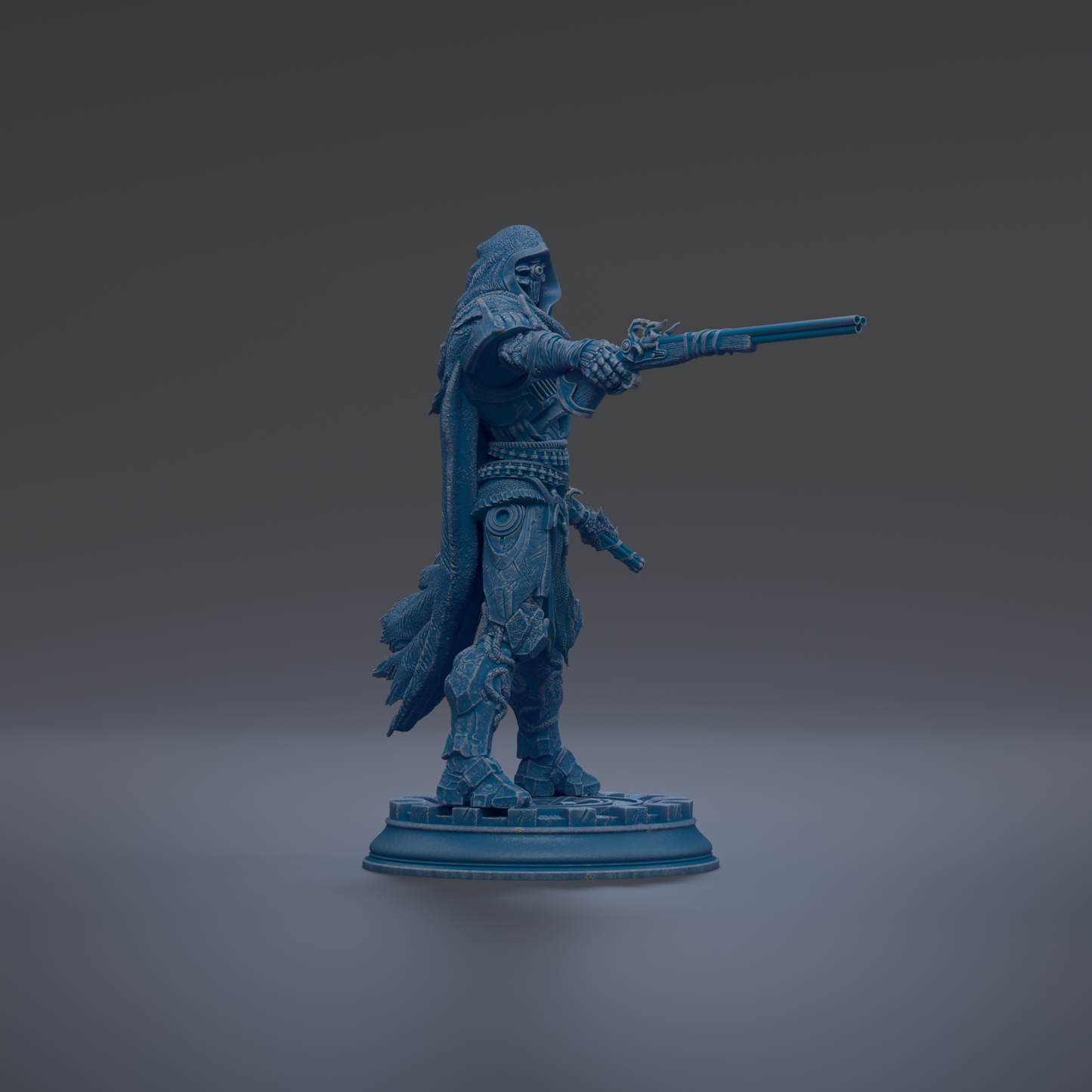 A 3D rendering of a blue armored figure holding a gun, standing on a platform against a dark background.