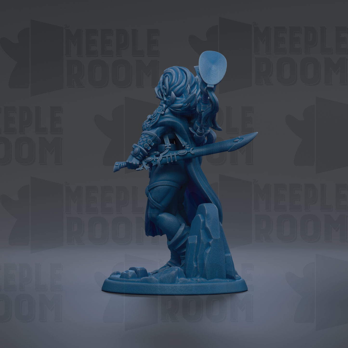 A blue figurine of a warrior standing on a rock, holding a sword and shield, against a dark background with repeated text.