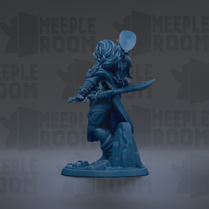 A blue figurine of a warrior standing on a rock, holding a sword and shield, against a dark background with repeated text.
