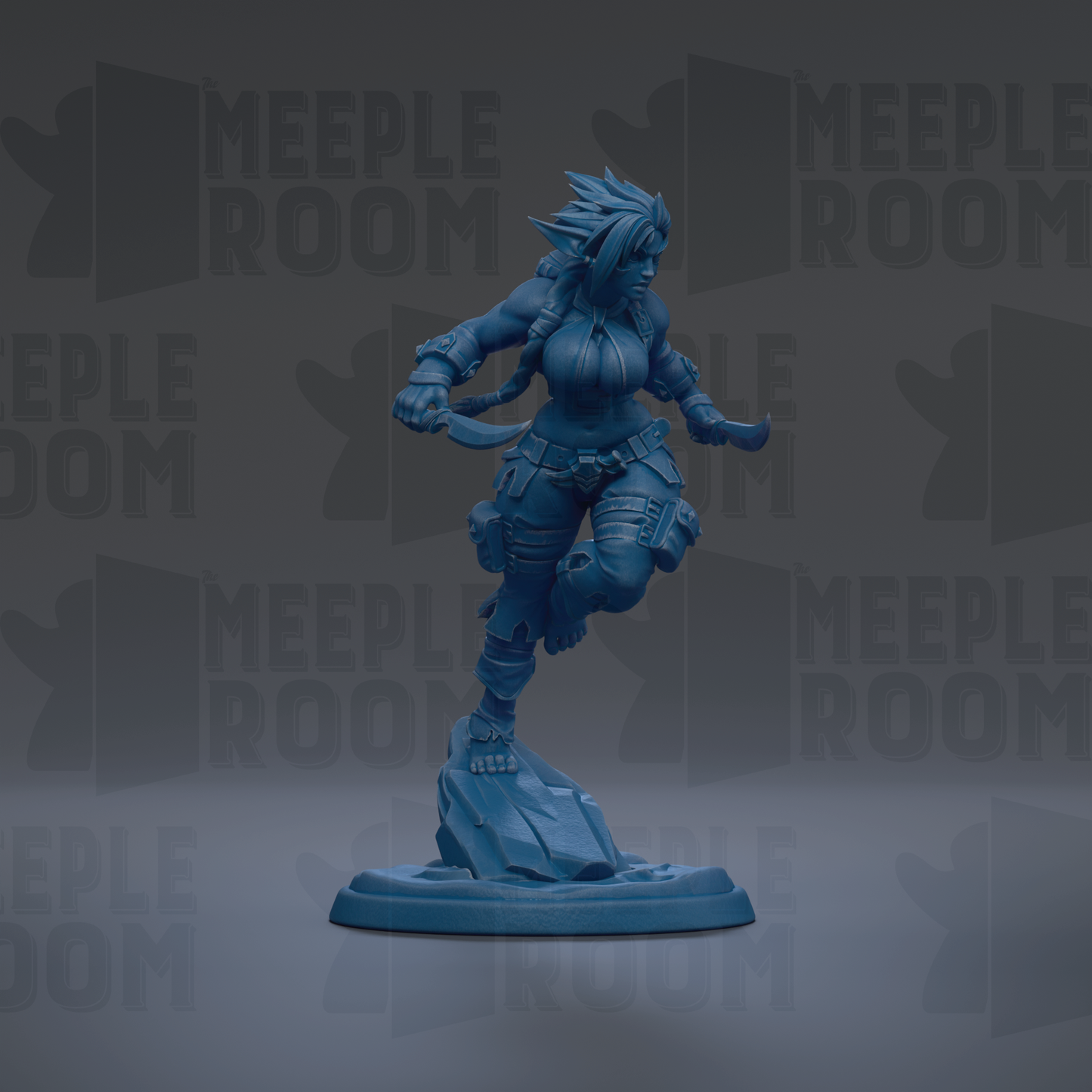 A blue figurine of a female character with spiky hair and a determined expression, standing on a rock.
