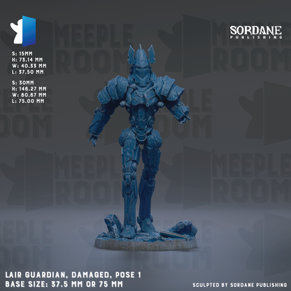 a blue armored figure, likely a character from a video game or other media, with the caption "LAIR GUARDIAN, DAMAGED, POSE 1". The base size of the figure is either 37.75 mm or 75 mm, depending on the perspective. The image is a collage of multiple images, and the caption is not a repetition of phrases like "The image depicts", "The image displays", "The image shows", "In the image", "The image captures", "The image features", etc.
