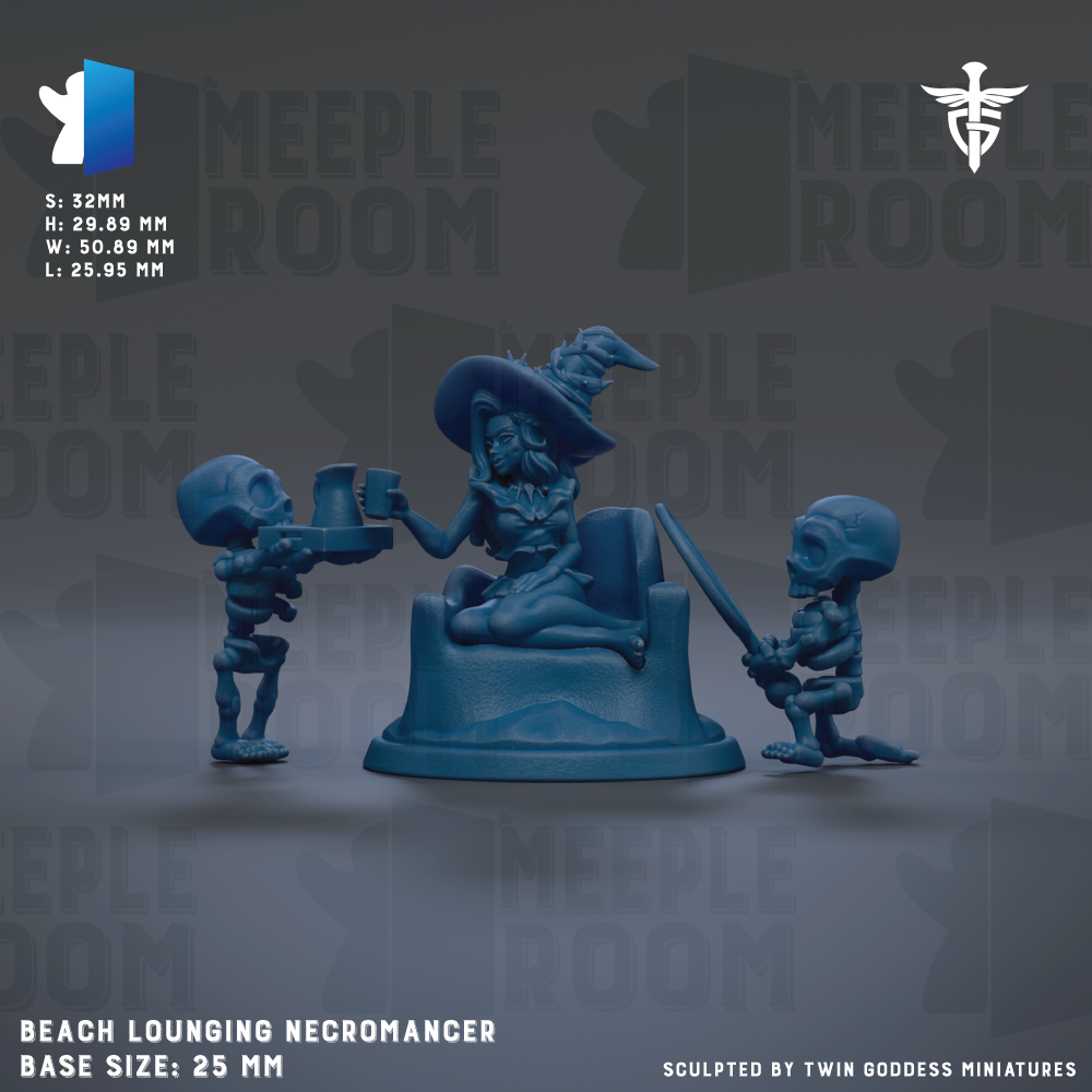 The image is a 3D rendering of a figurine depicting a witch, a skeleton, and a dragon, with the base size being 25mm.