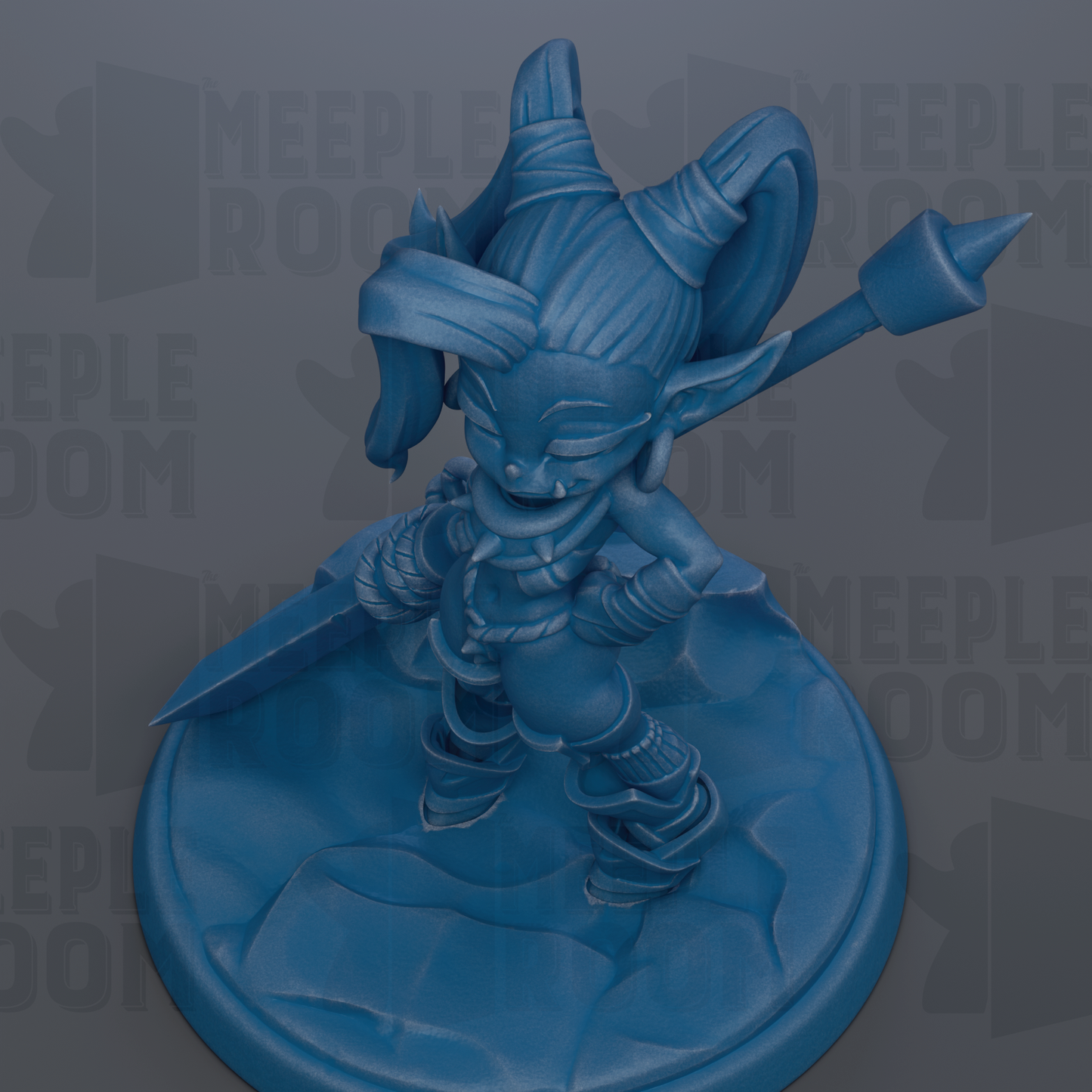 A blue figurine of a fantastical creature with horns and a sword, standing on a blue base.