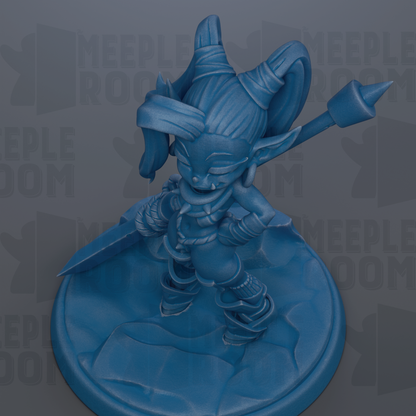 A blue figurine of a fantastical creature with horns and a sword, standing on a blue base.