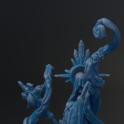 A 3D rendering of a fantastical, blue-colored creature with intricate, organic-looking features and a crown-like headdress.