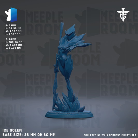 a blue, 3D-rendered character sculpture with a pointed head and a sword, standing on a base. The sculpture is described as a "meeple room" and has a base size of 25 mm or 50 mm. It is sculpted by Twin Goddess Miniatures.