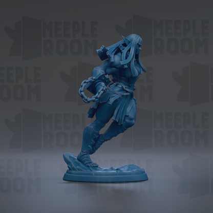 A blue figurine of a warrior standing on a rock, with the text "MEUPLE ROOM" repeated in the background.