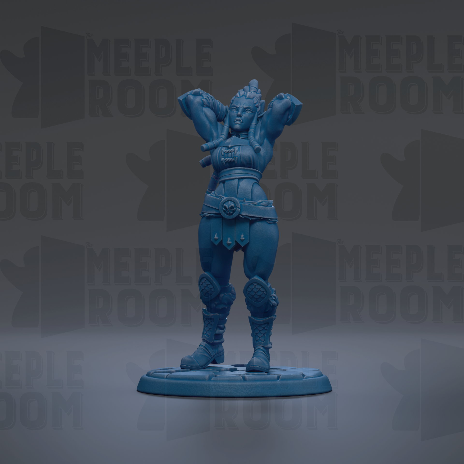 A blue figurine of a female character with raised arms stands on a base against a dark background with repeated text.