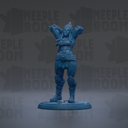 A blue figurine of a female character with raised arms stands on a base against a dark background with repeated text.
