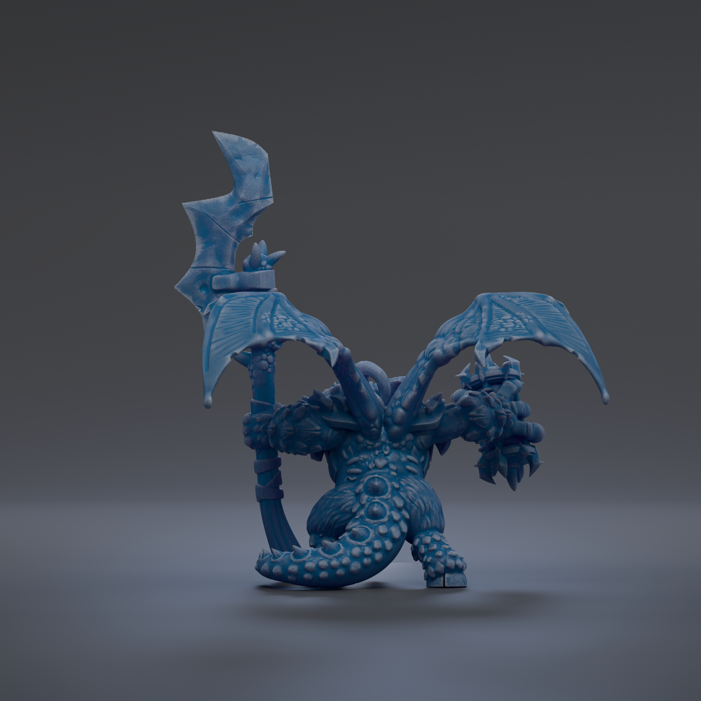 A 3D rendering of a blue dragon-like creature with wings and sharp teeth, standing on one leg against a dark background.