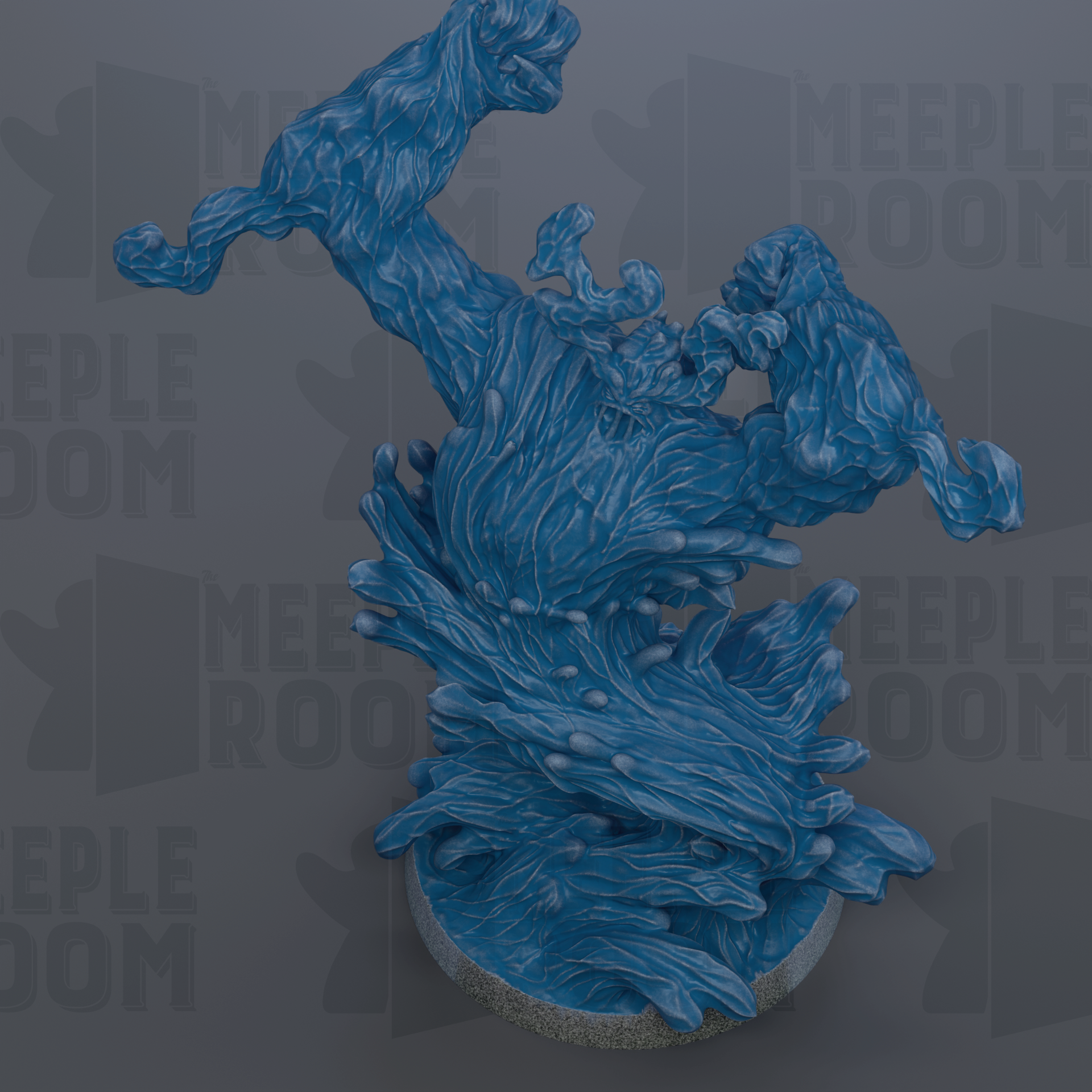 a 3D rendering of a blue, abstract sculpture with flowing, organic shapes and textures.