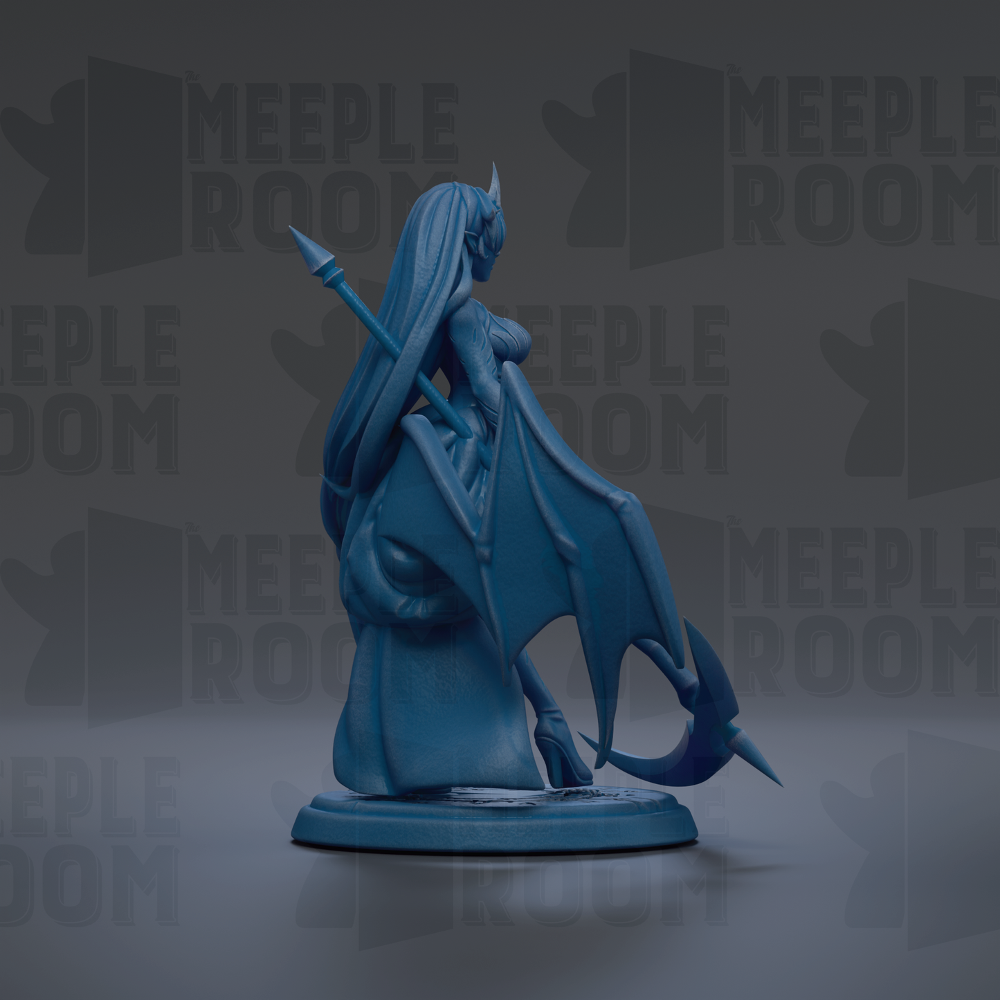 A blue figurine of a winged, female character with a pointed hat and long hair, standing on a base and holding a weapon.
