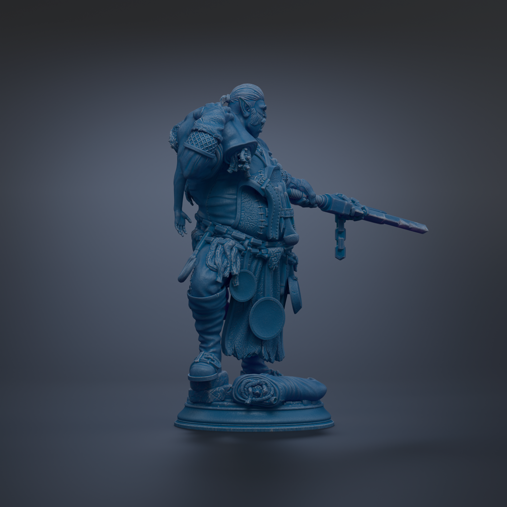 A blue statue of a warrior figure holding a sword and shield, standing on a pedestal.