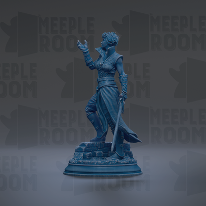 A blue statue of a person holding a sword and standing on a pedestal.