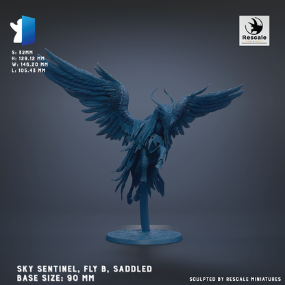 A 3D model of a blue winged creature, likely a mythical or fantastical being, with a saddle on its back. The creature has large wings and is standing on a circular base. The image is described as a "SKY SENTINEL, FLY B. SADDLE" and is shown in a 3D rendering. The base sizes are 90 mm and 140 mm. The image is described as being "Sculpted by RESCALE MINIATURES".