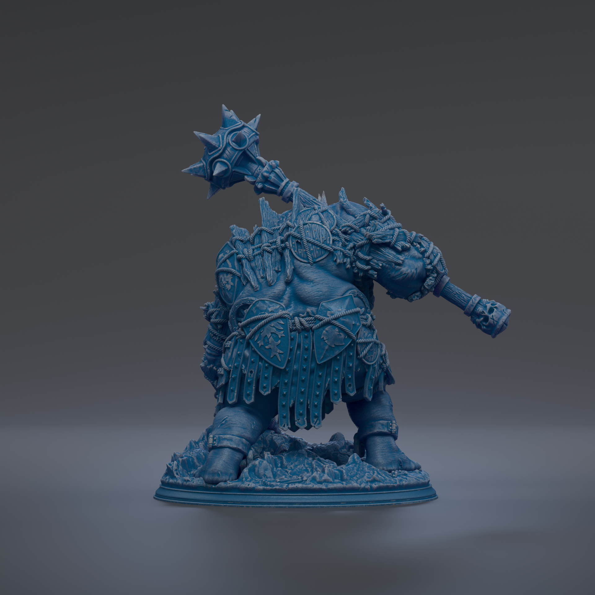 A detailed 3D model of a fantastical creature, possibly a monster or a dragon, with intricate armor and weapons.