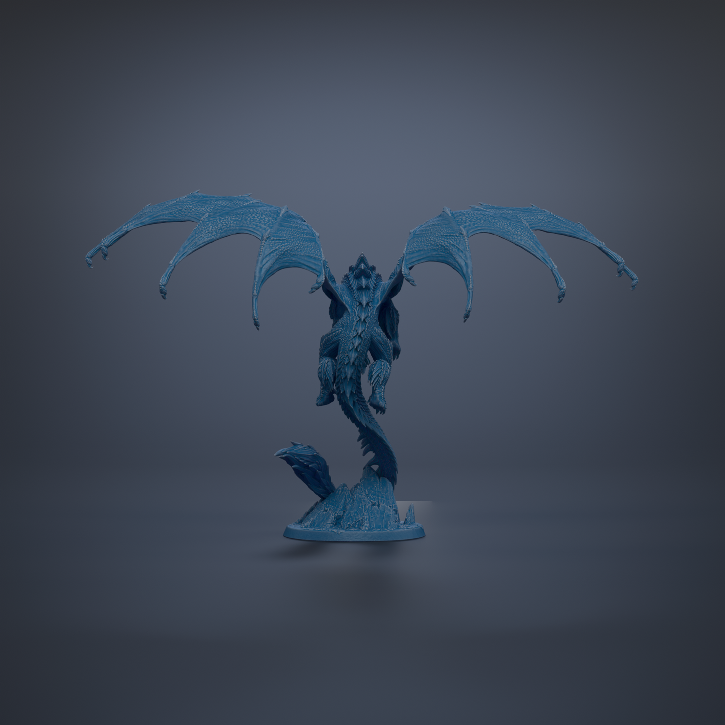 A blue dragon statue with outstretched wings stands on a rock against a dark background.