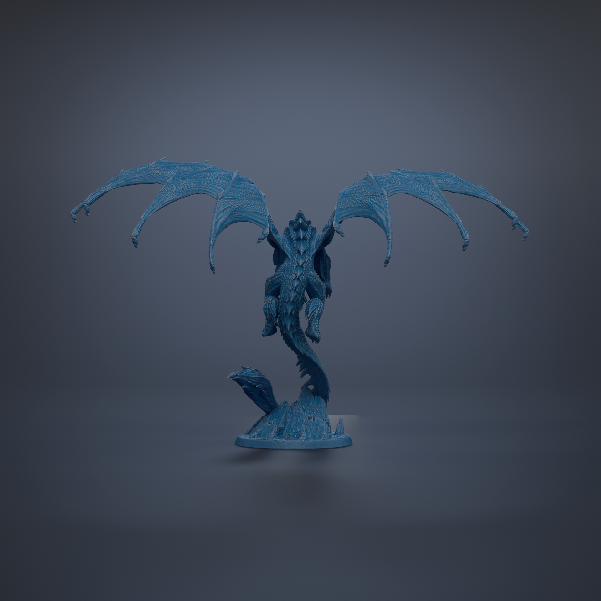 A blue dragon statue with outstretched wings stands on a rock against a dark background.