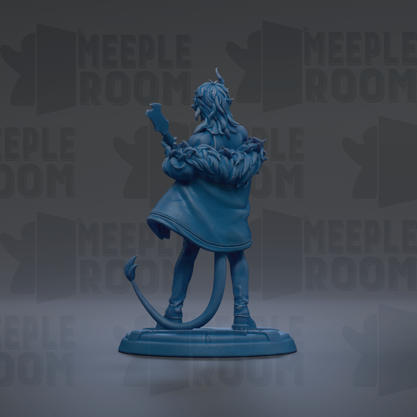 A blue figurine of a person holding a weapon, standing on a base, against a dark background with repeated text.