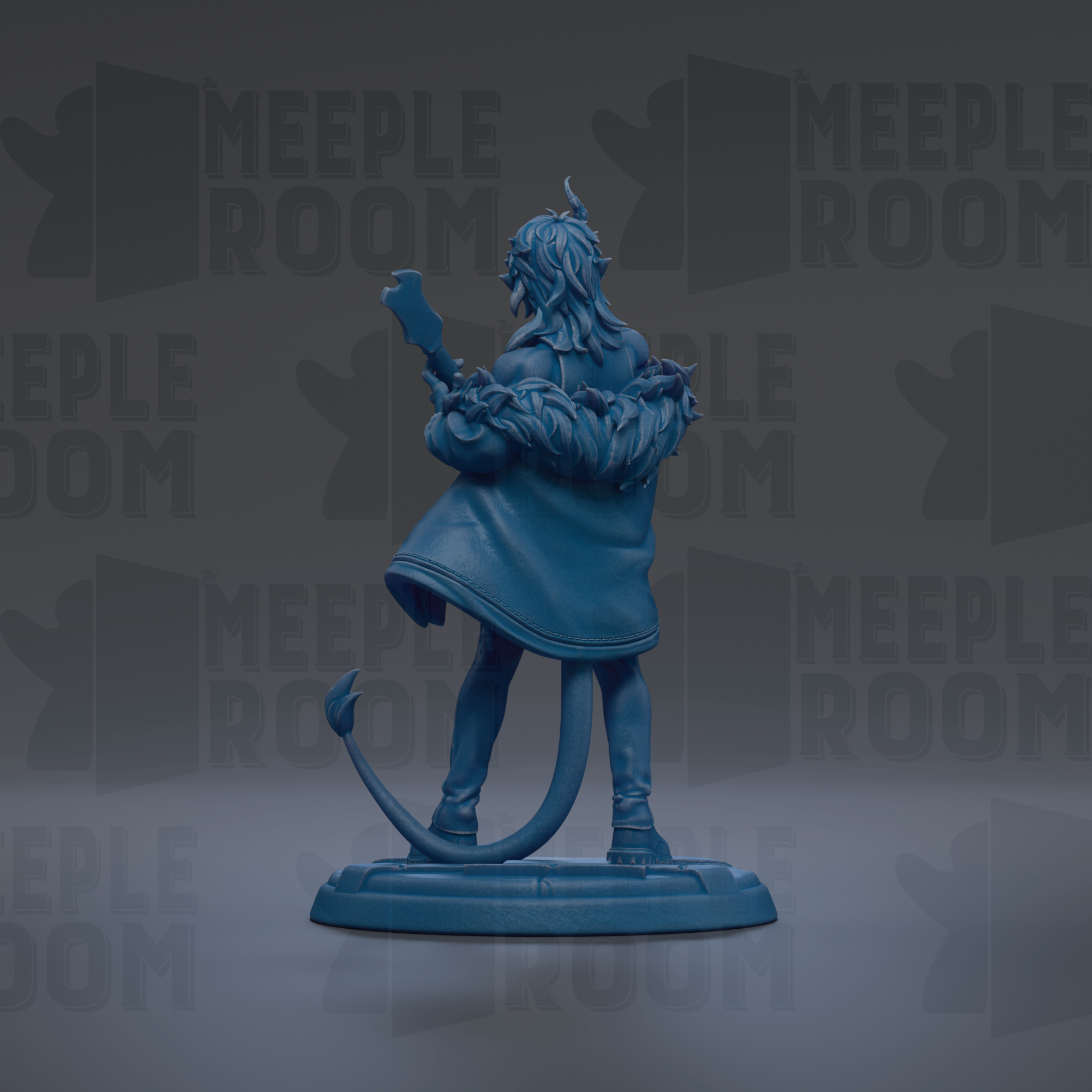 A blue figurine of a person holding a weapon, standing on a base, against a dark background with repeated text.