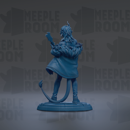 A blue figurine of a person holding a weapon, standing on a base, against a dark background with repeated text.