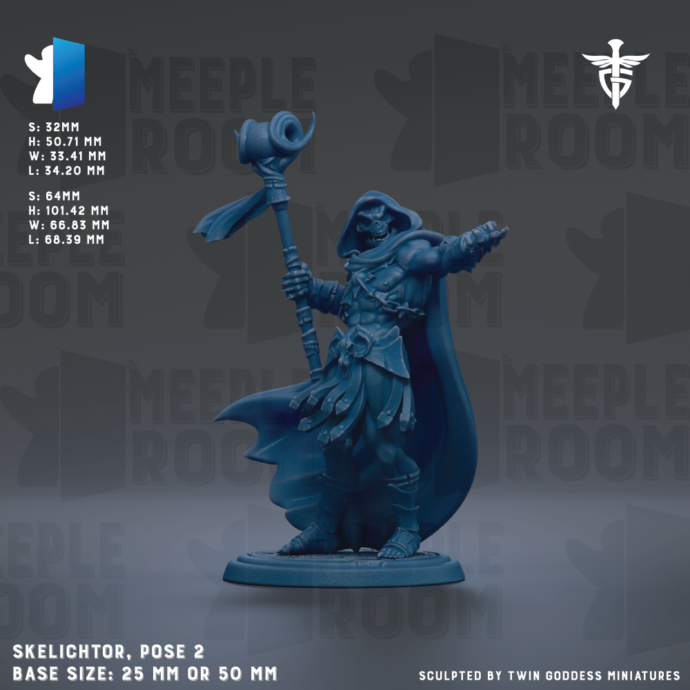 a blue figurine of a warrior character, possibly a knight or a wizard, holding a staff or staff-like object and standing in a pose. The figurine is described as a "Skeleton" and is shown in a dynamic pose, with the figure's arms outstretched. The image is a part of a larger collection of images, and it is not described as a collage or a single image. The base size of the figurine is either 25mm or 50mm, depending on the specific description.